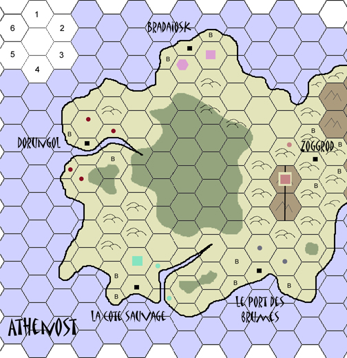 grands carrs colors = cits; petits ronds = villages; hexagones colors = forteresses; 
B = cases vides