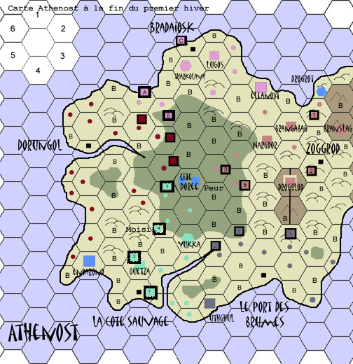 Carte  la fin de l'hiver; 
Nord=Chaos; Ouest=EN; Est=Orques; Sud Est=MV; Sud Ouest=HL; Bleu=indpendants ou Hauts-Elfes; ronds=villages; 
carrs noirs=capitales; carrs couleur=cits; hexagones couleur=forteresses; B=case vide
