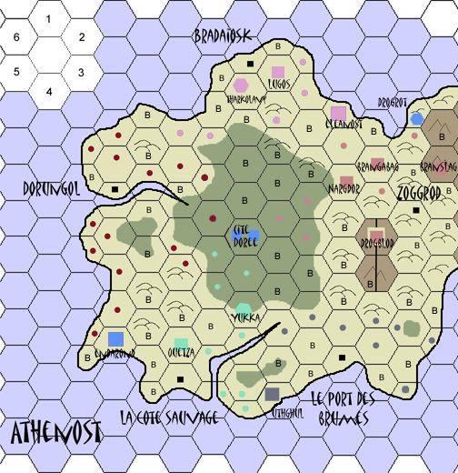Carte en cours de jeu, sans les bannieres; 
Nord=Chaos; Ouest=EN; Est=Orques; Sud Est=MV; Sud Ouest=HL; Bleu=indpendants; ronds=villages; 
carrs noirs=capitales; carrs couleur=cits; hexagones couleur=forteresses; B=case vide